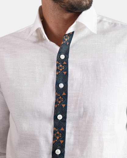Tribal Crest White formal Linen Shirt with Placket and Cuff detailing