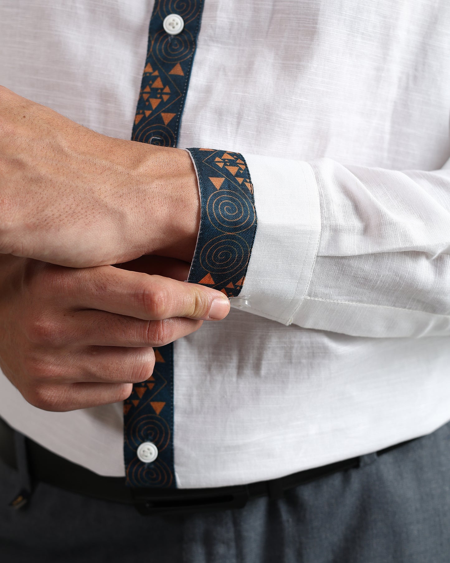 Tribal Crest White formal Linen Shirt with Placket and Cuff detailing