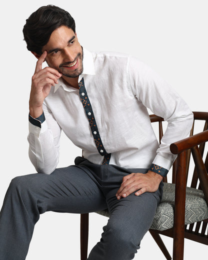 Tribal Crest White formal Linen Shirt with Placket and Cuff detailing