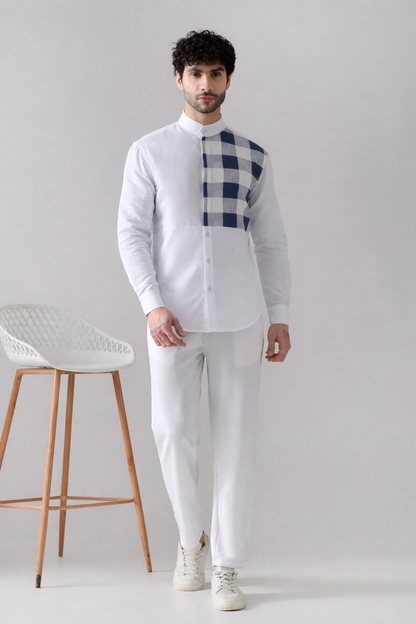 Blue Check single Patch Linen Shirt – White Mandarin Collar