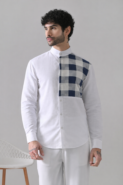 Blue Check single Patch Linen Shirt – White Mandarin Collar