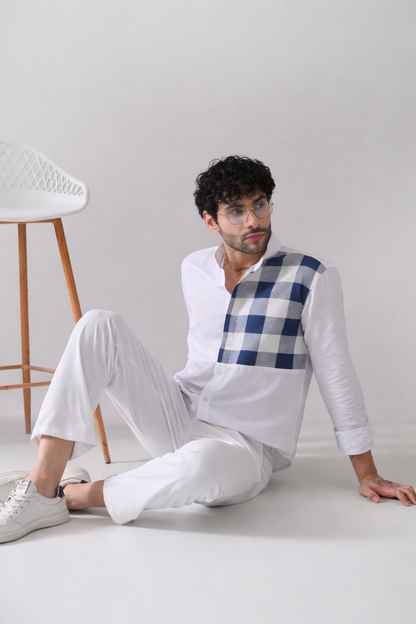 Blue Check single Patch Linen Shirt – White Mandarin Collar