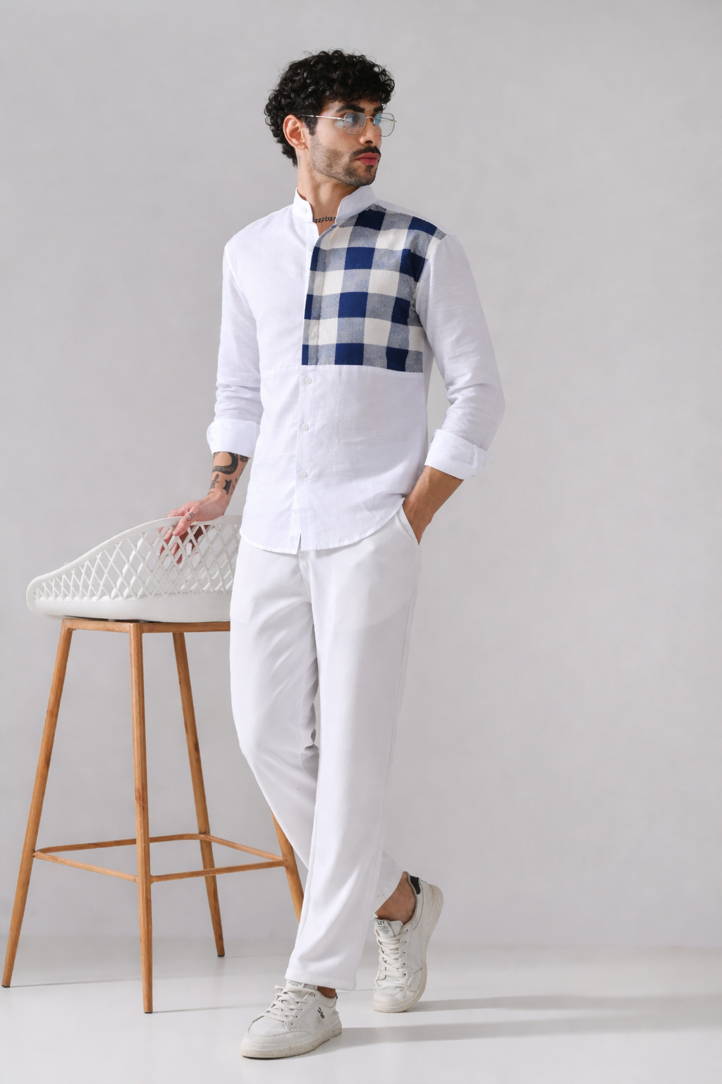 Blue Check single Patch Linen Shirt – White Mandarin Collar
