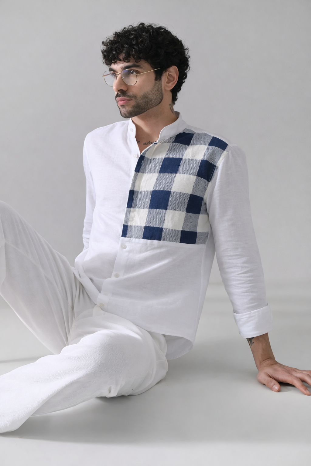 Blue Check single Patch Linen Shirt – White Mandarin Collar