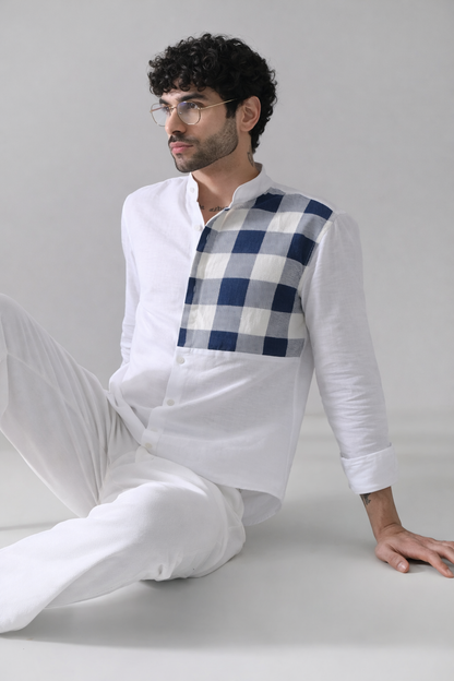 Blue Check single Patch Linen Shirt – White Mandarin Collar