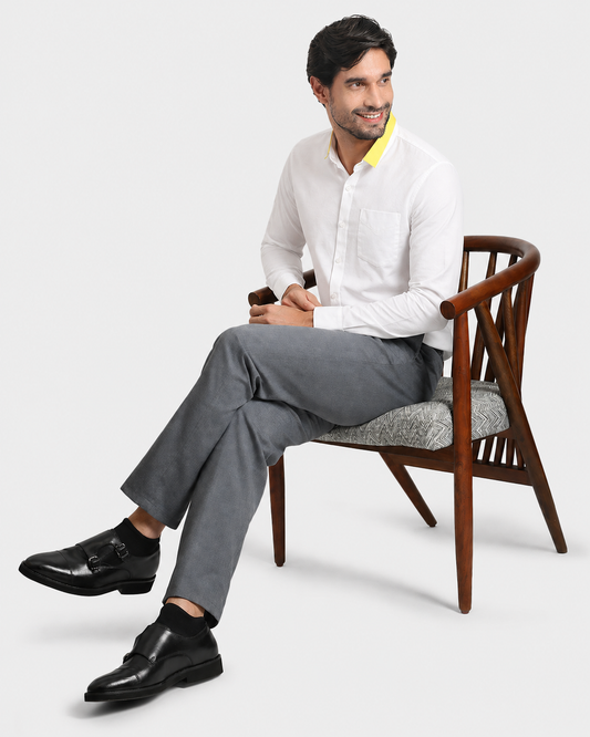 Sunline White Premium Formal Linen Shirt for Men with Yellow Accent Short Collar