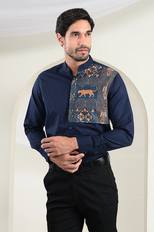 Navy Linen Shirt | Tribal Crest Front Yoke