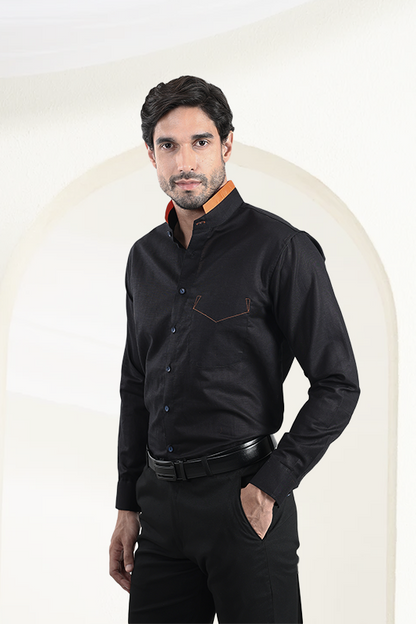 Black Linen Shirt | Orange Detailing