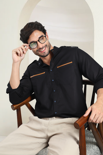 Black Linen Bush Shirt | Tan Leather