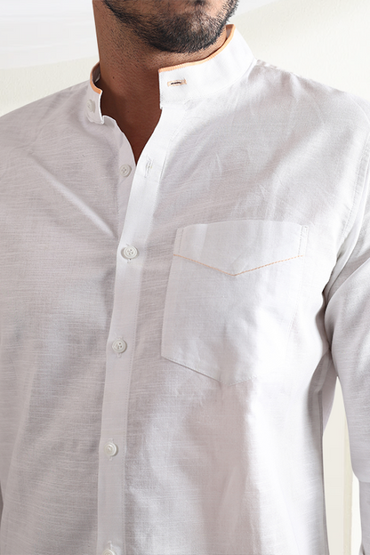 White Linen Shirt | Muted Orange Piping