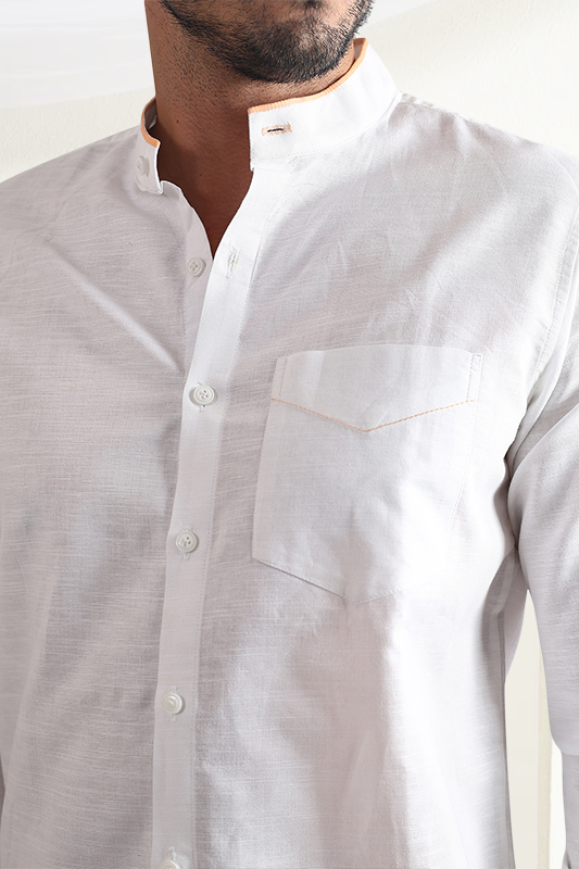 White Linen Shirt | Muted Orange Piping