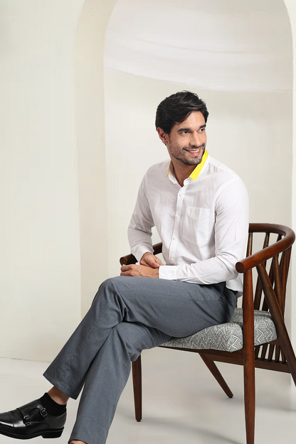 White Linen Yellow Short Collar Shirt