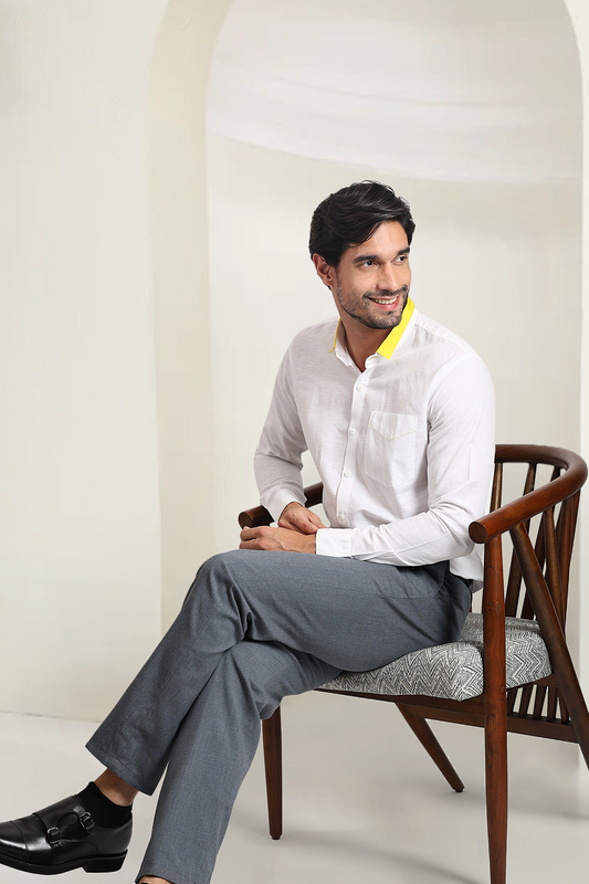 White Linen Yellow Short Collar Shirt