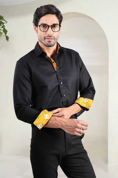 Black Linen Shirt | Bandhej Detailing