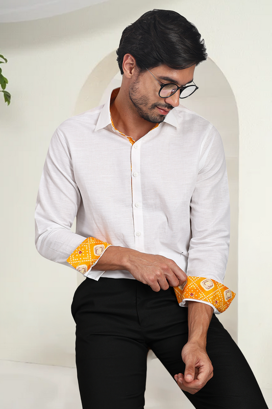 White Linen Shirt | Bandhej Print Detailing