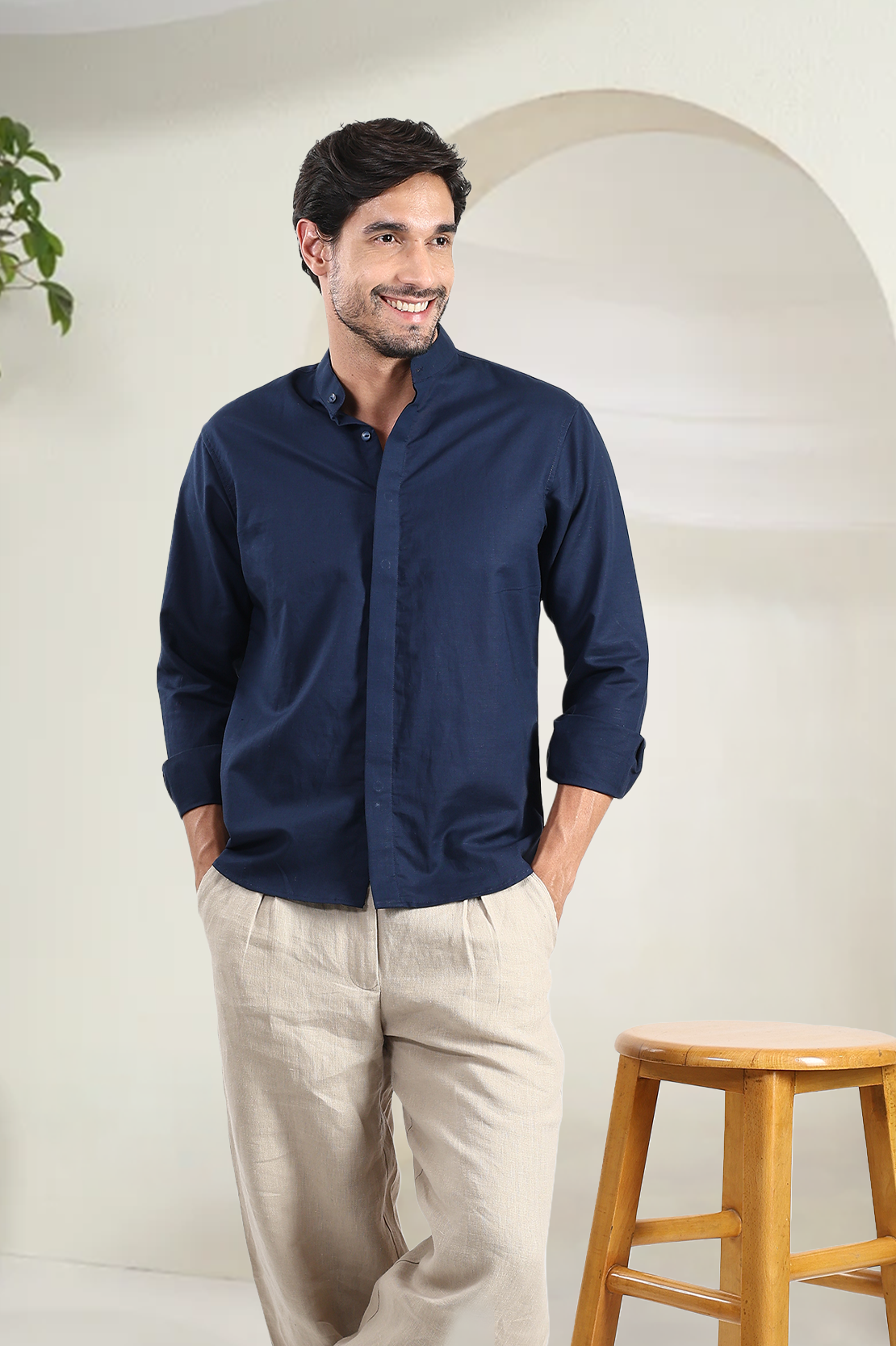 Navy Blue Linen Shirt | Concealed Placket