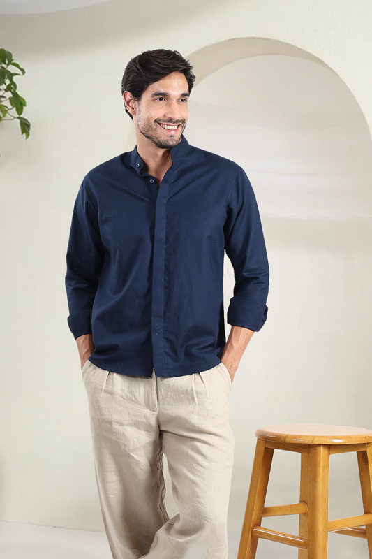 Navy Blue Linen Shirt | Concealed Placket