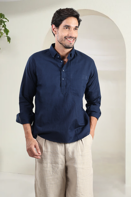Navy Blue Linen Kurta Shirt