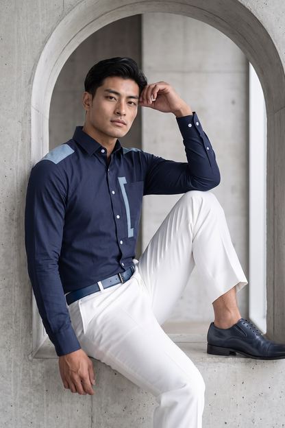 Blue Linen Shirt with Denim Detailing