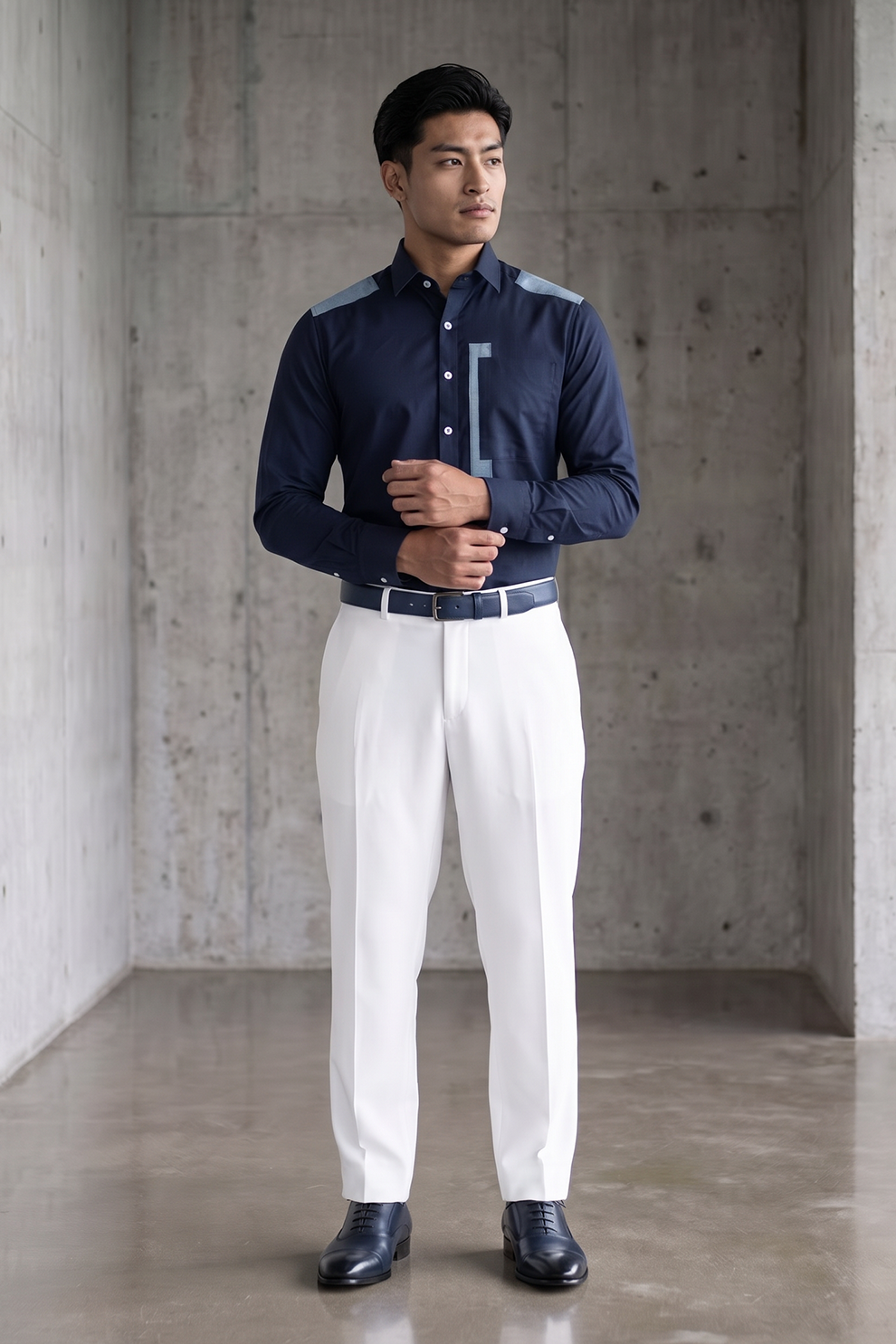 Blue Linen Shirt with Denim Detailing