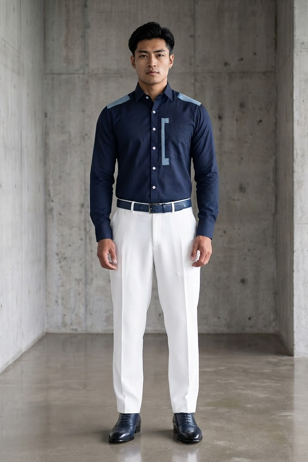 Blue Linen Shirt with Denim Detailing