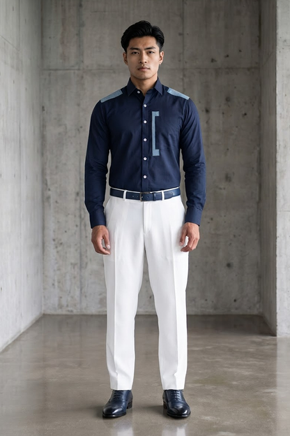Blue Linen Shirt with Denim Detailing
