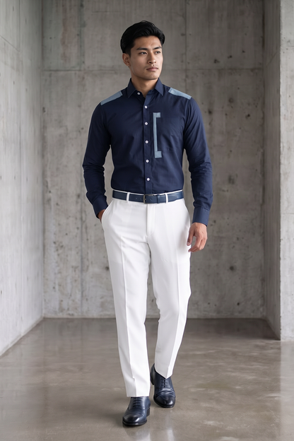 Blue Linen Shirt with Denim Detailing