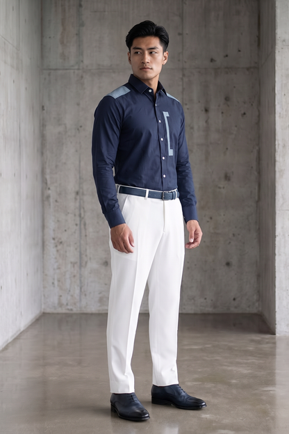 Blue Linen Shirt with Denim Detailing