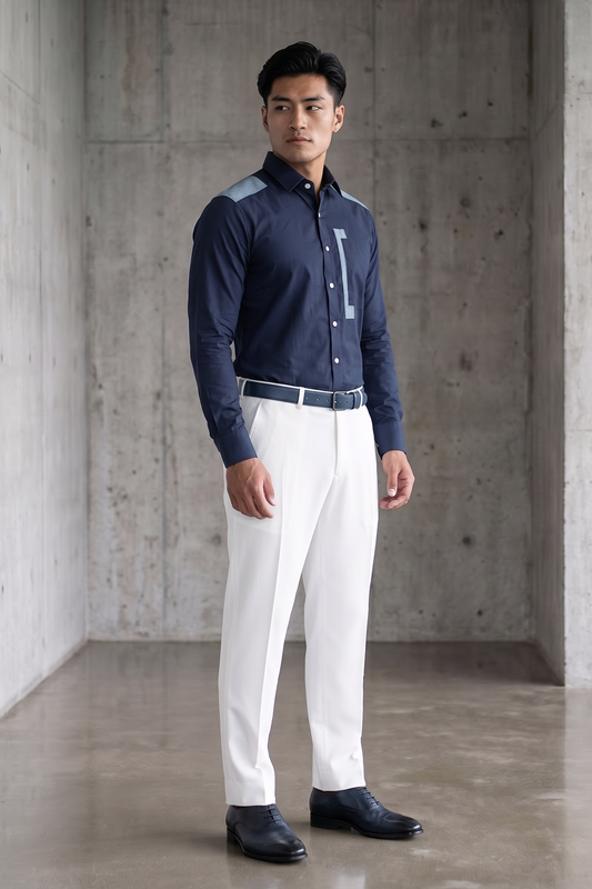 Blue Linen Shirt with Denim Detailing